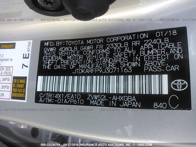 JTDKARFP9J3071163 - 2018 TOYOTA PRIUS PRIME  银色 照片 9