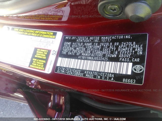 4T1B11HK6JU532425 - 2018 TOYOTA CAMRY L/LE/XLE/SE/XSE RED photo 9