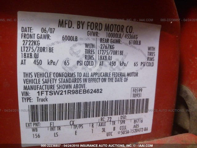 1FTSW21R98EB62482 - 2008 FORD F250 SUPER DUTY RED photo 9