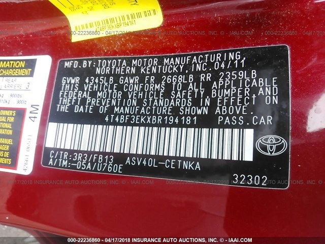 4T4BF3EKXBR194181 - 2011 TOYOTA CAMRY SE/LE/XLE RED photo 9