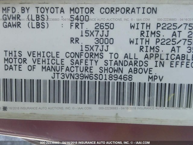 JT3VN39W6S0189468 - 1995 TOYOTA 4RUNNER VN39 SR5 勃艮第红 照片 9