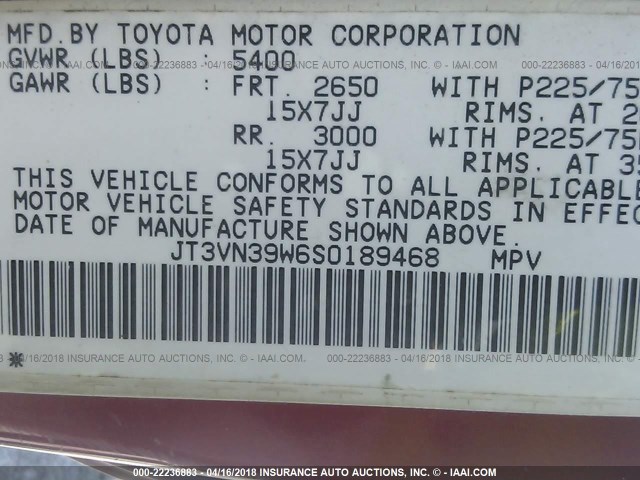 JT3VN39W6S0189468 - 1995 TOYOTA 4RUNNER VN39 SR5 BURGUNDY photo 9