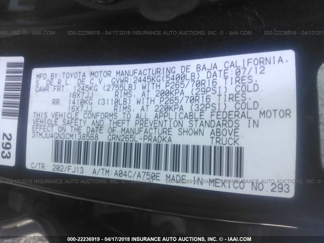3TMJU4GN3CM138568 - 2012 TOYOTA TACOMA DOUBLE CAB PRERUNNER BLACK photo 9
