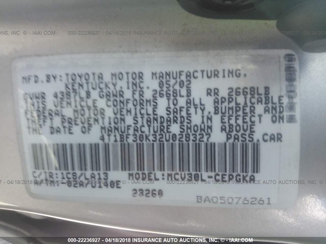 4T1BF30K32U028327 - 2002 TOYOTA CAMRY LE/XLE/SE 银色 照片 9