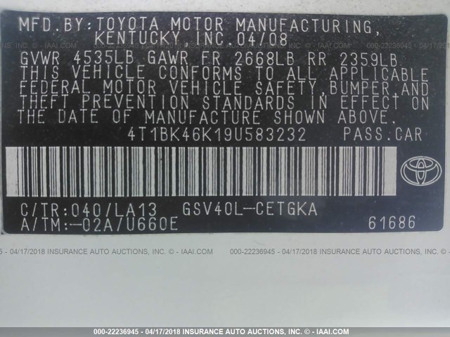 4T1BK46K19U583232 - 2009 TOYOTA CAMRY SE/LE/XLE WHITE photo 9