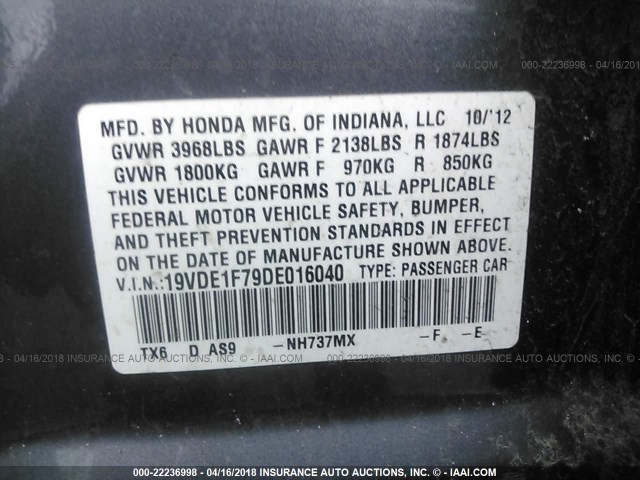 19VDE1F79DE016040 - 2013 ACURA ILX 20 TECH GRAY photo 9