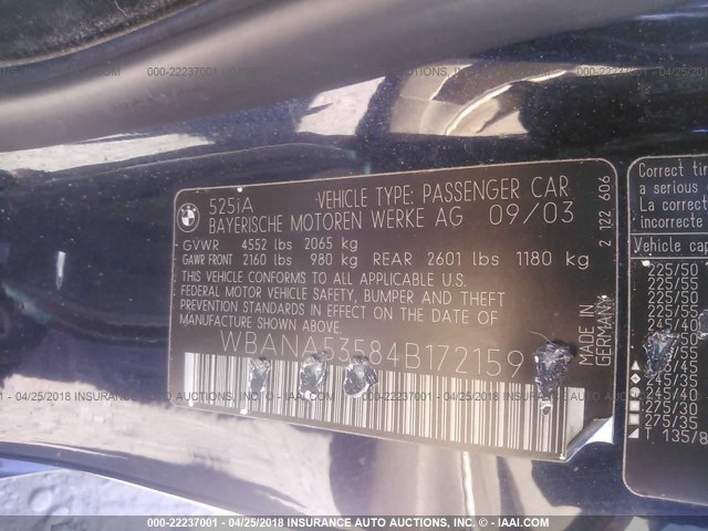 WBANA53584B172159 - 2004 BMW 525 I BLUE photo 9