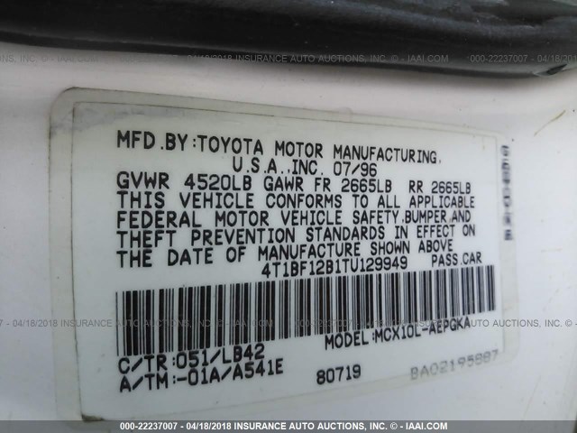 4T1BF12B1TU129949 - 1996 TOYOTA AVALON XL/XLS WHITE photo 9