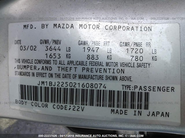 JM1BJ225021608074 - 2002 MAZDA PROTEGE DX/LX/ES GRAY photo 9