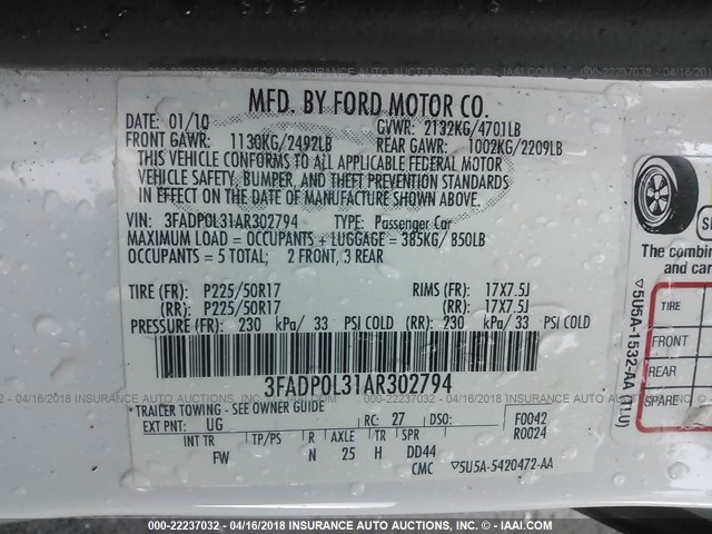 3FADP0L31AR302794 - 2010 FORD FUSION HYBRID WHITE photo 9