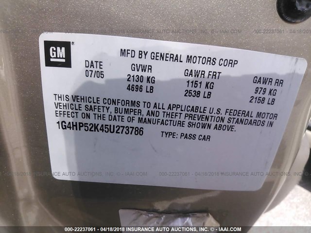 1G4HP52K45U273786 - 2005 BUICK LESABRE CUSTOM TAN photo 9