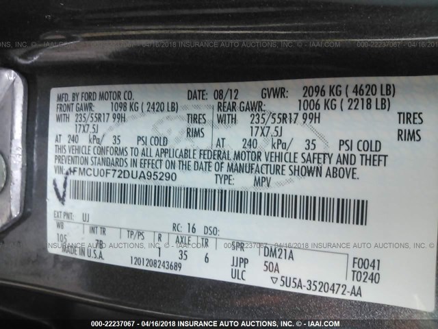 1FMCU0F72DUA95290 - 2013 FORD ESCAPE S GRAY photo 9