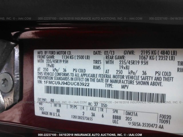 1FMCU9J94DUC83922 - 2013 FORD ESCAPE TITANIUM RED photo 9