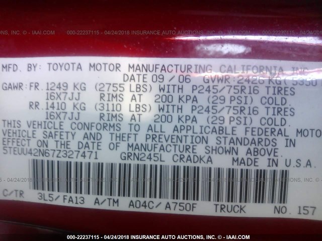 5TEUU42N67Z327471 - 2007 TOYOTA TACOMA ACCESS CAB Rot Foto 9