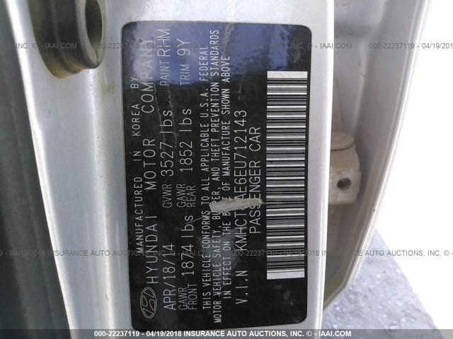 KMHCT4AE6EU712143 - 2014 HYUNDAI ACCENT GLS/GS SILVER photo 9