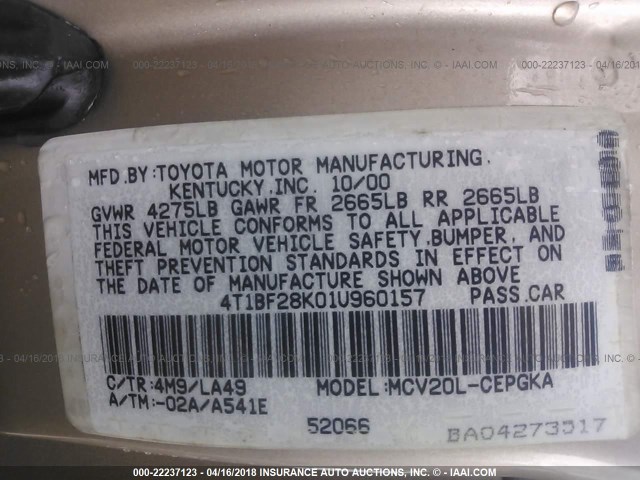 4T1BF28K01U960157 - 2001 TOYOTA CAMRY LE/XLE BROWN photo 9