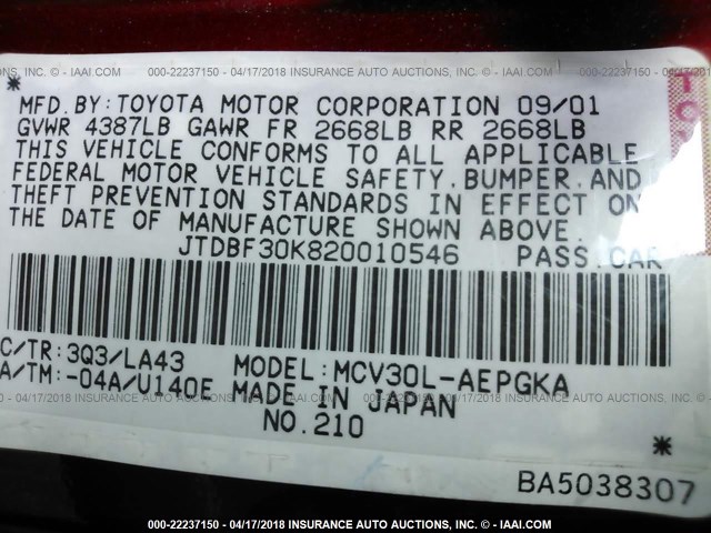 JTDBF30K820010546 - 2002 TOYOTA CAMRY LE/XLE/SE RED photo 9