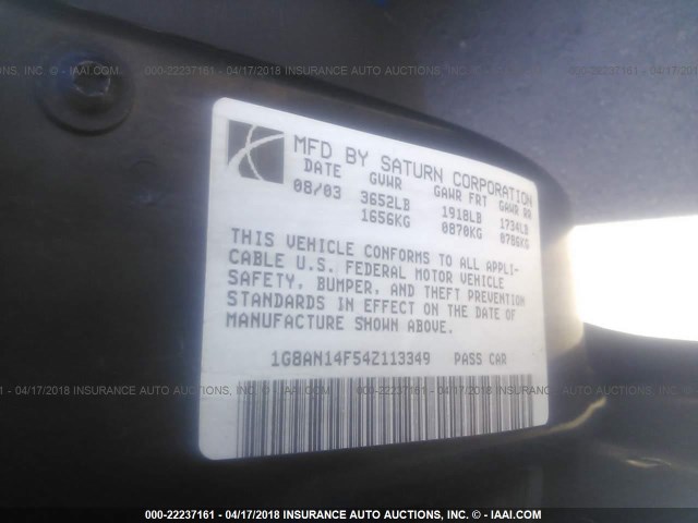 1G8AN14F54Z113349 - 2004 SATURN ION LEVEL 2 BLUE photo 9