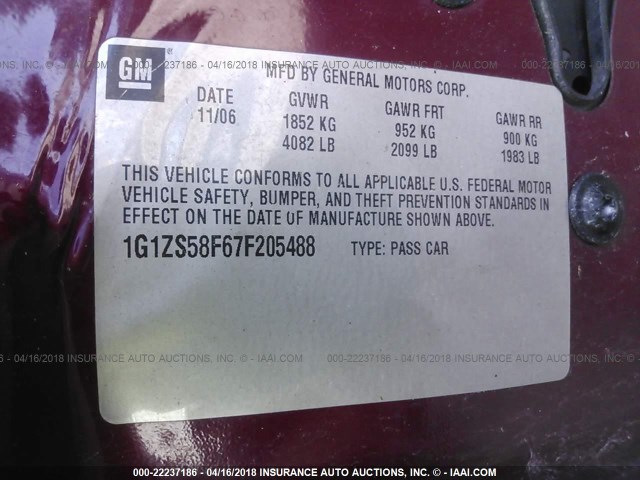 1G1ZS58F67F205488 - 2007 CHEVROLET MALIBU LS 栗色 照片 9