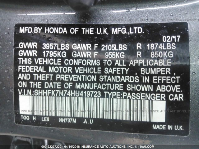 SHHFK7H74HU419723 - 2017 HONDA CIVIC EXL GRAY photo 9