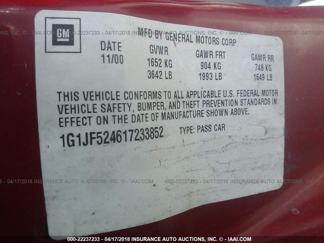 1G1JF524617233852 - 2001 CHEVROLET CAVALIER LS RED photo 9