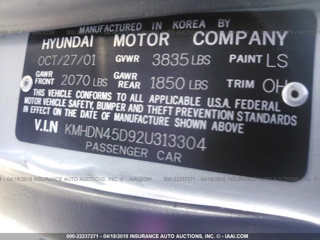 KMHDN45D92U313304 - 2002 HYUNDAI ELANTRA GLS/GT SILVER photo 9