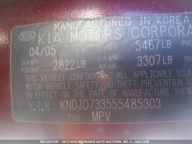 KNDJD733555485303 - 2005 KIA SORENTO EX/LX BURGUNDY photo 9