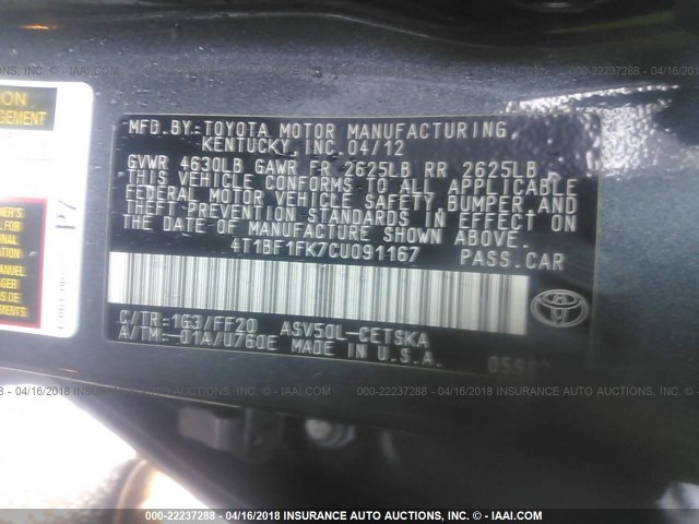 4T1BF1FK7CU091167 - 2012 TOYOTA CAMRY SE/LE/XLE GRAY photo 9