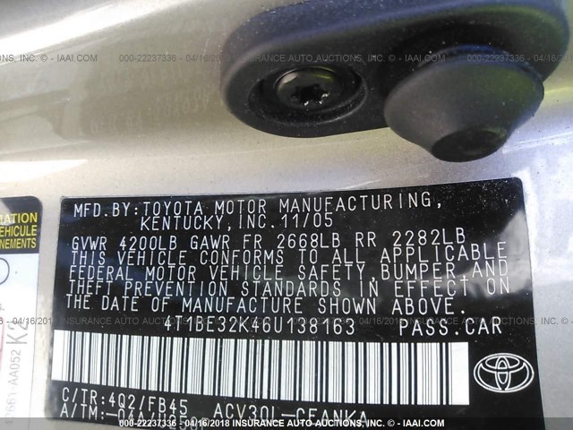 4T1BE32K46U138163 - 2006 TOYOTA CAMRY LE/XLE/SE GOLD photo 9