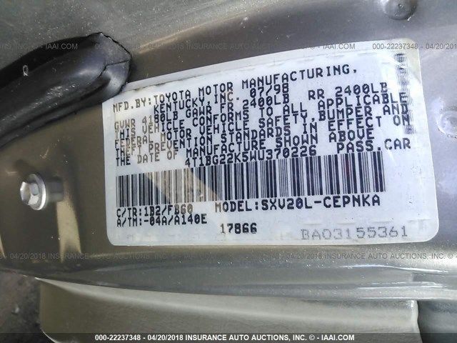 4T1BG22K5WU370226 - 1998 TOYOTA CAMRY CE/LE/XLE 灰色 照片 9