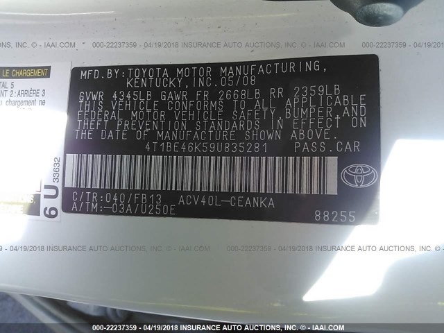 4T1BE46K59U835281 - 2009 TOYOTA CAMRY SE/LE/XLE WHITE photo 9