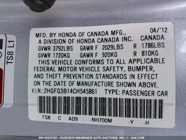 2HGFG3B14CH545861 - 2012 HONDA CIVIC EXL SILVER photo 9