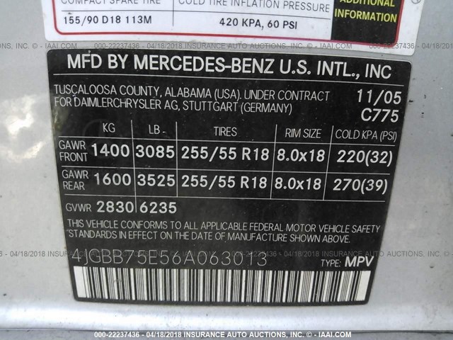 4JGBB75E56A063013 - 2006 MERCEDES-BENZ ML 500 SILVER photo 9