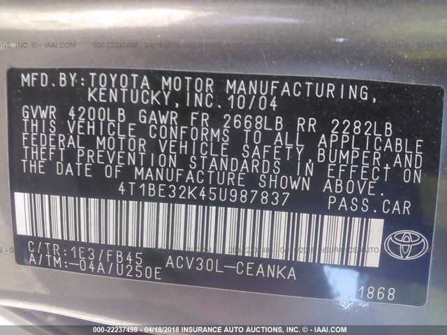 4T1BE32K45U987837 - 2005 TOYOTA CAMRY LE/XLE/SE Boz foto 9