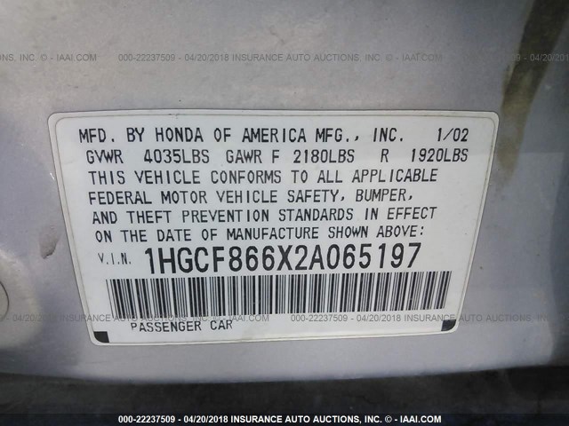 1HGCF866X2A065197 - 2002 HONDA ACCORD VALUE SILVER photo 9