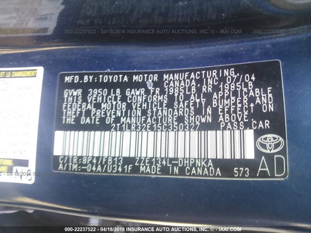 2T1LR32E15C350327 - 2005 TOYOTA COROLLA MATRIX XR BLUE photo 9