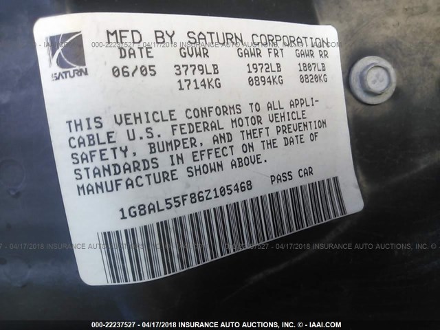1G8AL55F86Z105468 - 2006 SATURN ION LEVEL 3 BLUE photo 9