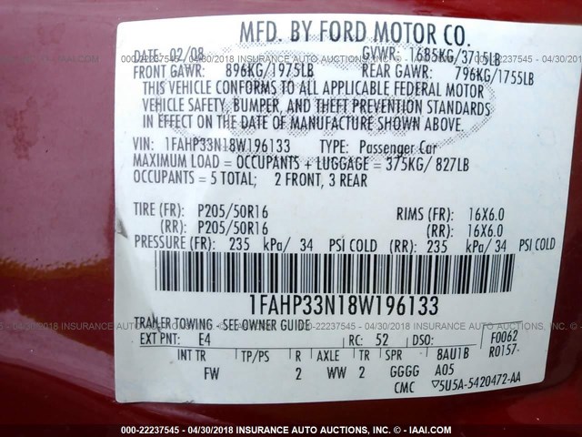 1FAHP33N18W196133 - 2008 FORD FOCUS SE/SEL/SES RED photo 9