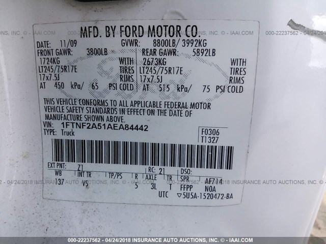 1FTNF2A51AEA84442 - 2010 FORD F250 SUPER DUTY WHITE photo 9