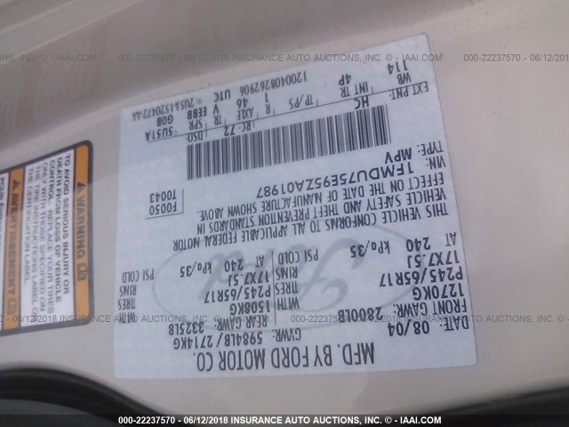 1FMDU75E95ZA01987 - 2005 FORD EXPLORER LIMITED თაფლისფერი ფოტო 9