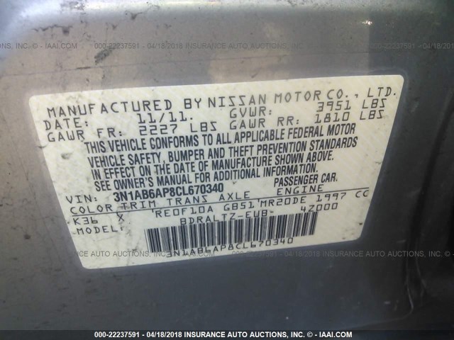 3N1AB6AP8CL670340 - 2012 NISSAN SENTRA 2.0/2.0S/SR/2.0SL GRAY photo 9