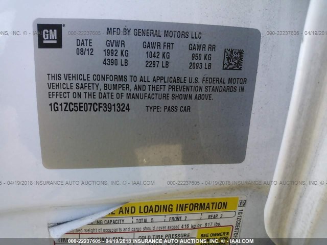 1G1ZC5E07CF391324 - 2012 CHEVROLET MALIBU 1LT 白色 照片 9