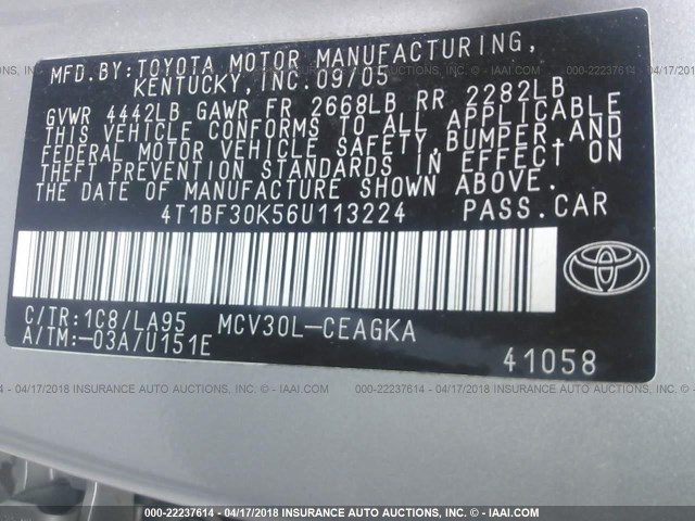 4T1BF30K56U113224 - 2006 TOYOTA CAMRY LE/XLE/SE ვერცხლისფერი ფოტო 9