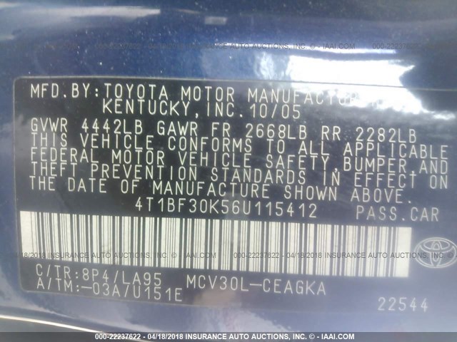 4T1BF30K56U115412 - 2006 TOYOTA CAMRY LE/XLE/SE BLUE photo 9