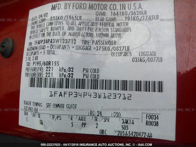 1FAFP34P43W123712 - 2003 FORD FOCUS SE/SE COMFORT/SE SPORT RED photo 9