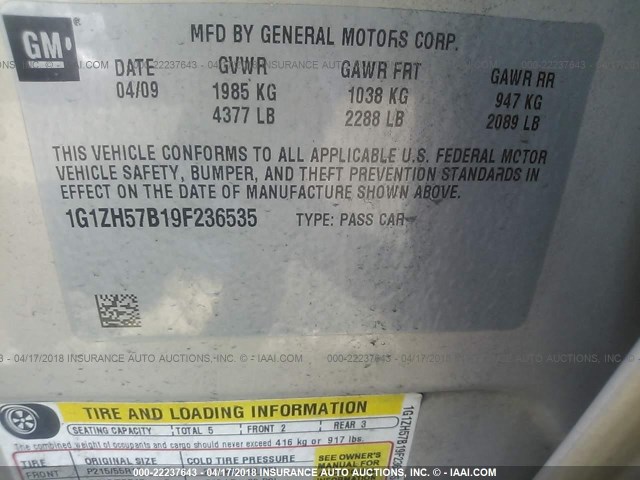 1G1ZH57B19F236535 - 2009 CHEVROLET MALIBU 1LT 棕色 照片 9