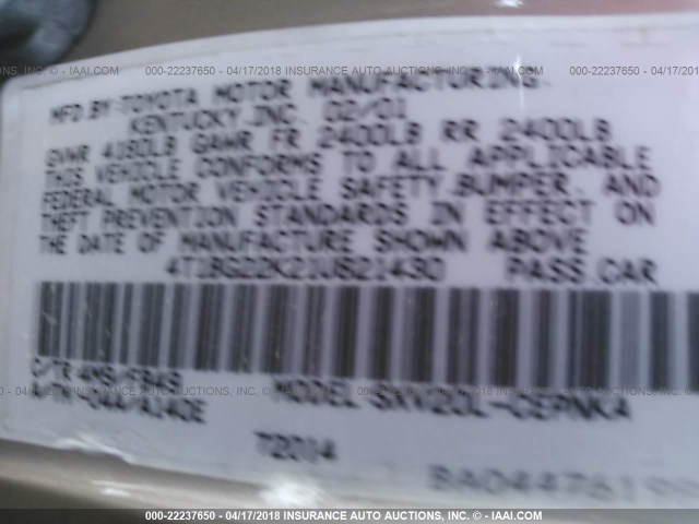 4T1BG22K21U821430 - 2001 TOYOTA CAMRY CE/LE/XLE 米色 照片 9