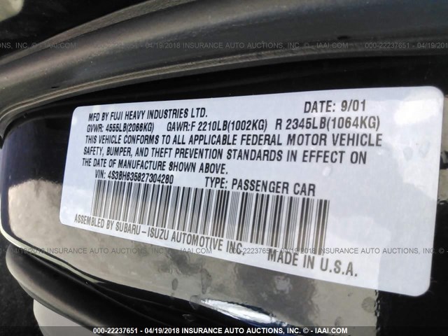 4S3BH635827304280 - 2002 SUBARU LEGACY L Navy photo 9