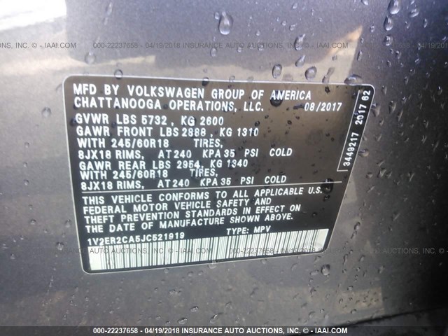 1V2ER2CA5JC521919 - 2018 VOLKSWAGEN ATLAS SEL Boz foto 9