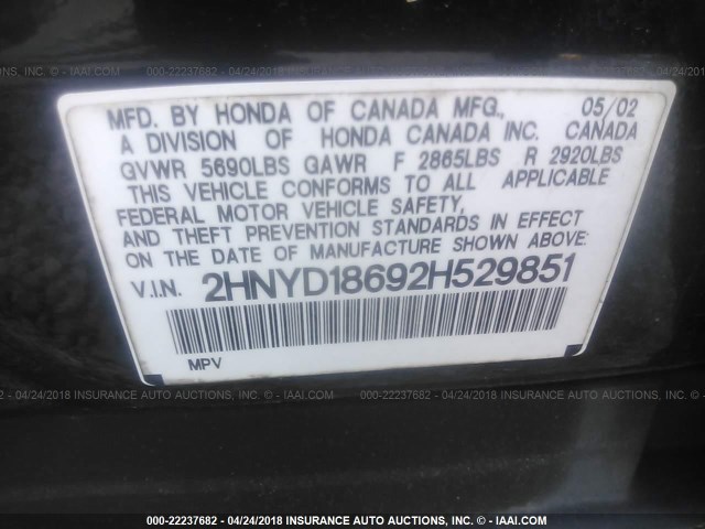 2HNYD18692H529851 - 2002 ACURA MDX TOURING BLACK photo 9